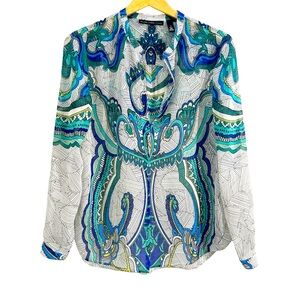 Chico’s Black Label Multicolor Geometric Print Semi Sheer Blouse Size 1 Small